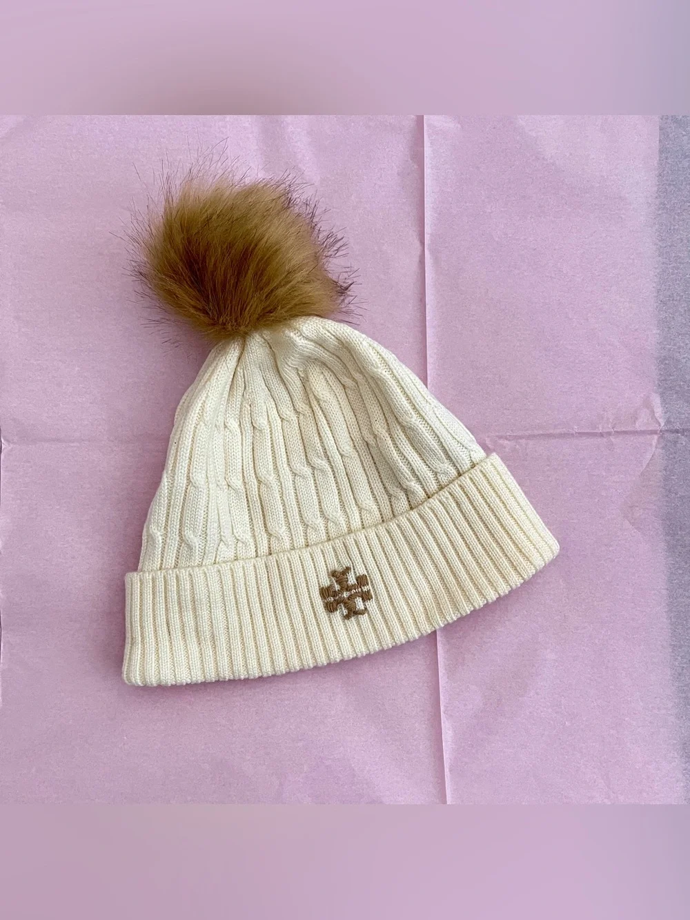 Tory Burch Cream Cable-Knit Beanie with Brown Faux-Fur Pom